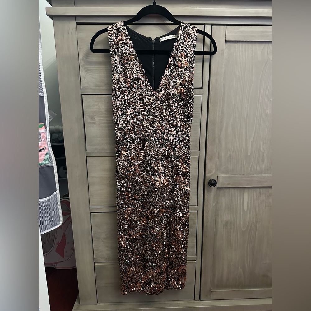 Alice + Olivia Black and Brown Sequin Backless Dress